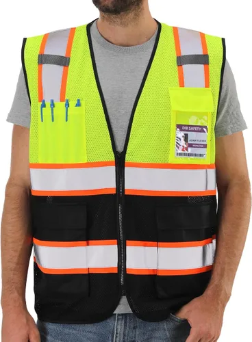 Vista 13 de Dib Safety Chaleco reflectante de alta visibilidad con bolsillos y cremallera, negro con ribete amarillo, talla S