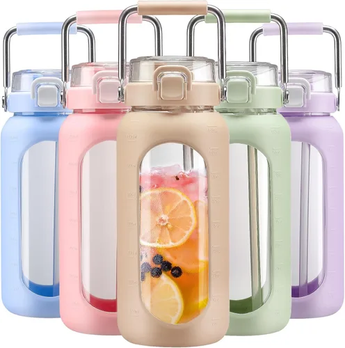 Vista 16 de BLUEGO Botella de agua de vidrio de 64 onzas con mango de acero inoxidable, botella de agua grande con marcadores de tiempo y funda de silicona
