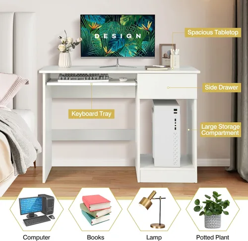Vista 31 de Escritorio para computadora con gabinete y bandeja para teclado, estación de trabajo de oficina en casa con cajón, estantes ajustables, mesa de Negro