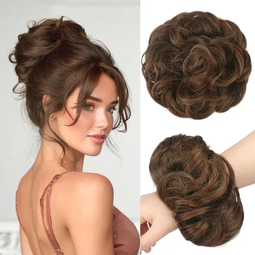 Vista 34 de FESHFEN Pieza de Cabello Grande de Moño Desordenado de Fibra Sintética Negro Azabache, 1.94 oz