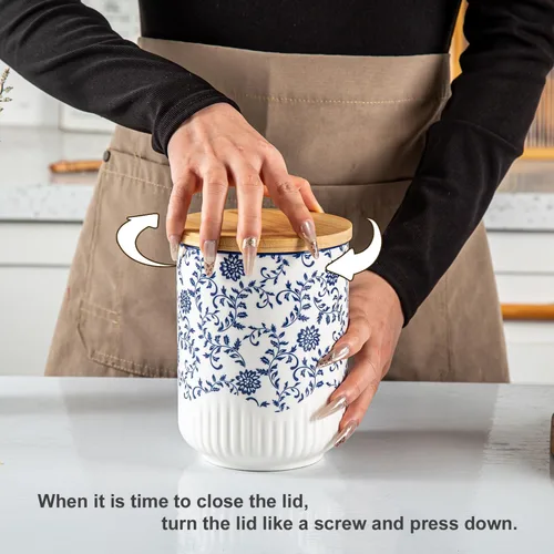 Vista 5 de Juego de recipientes para cocina - Recipientes de cerámica para encimera con tapas herméticas de madera - Recipientes para harina y azúcar