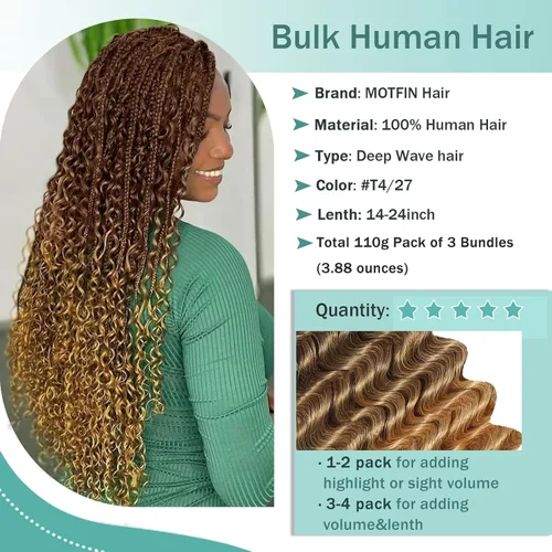 Vista 72 de Cabello Humano para Trenzar para Trenzas Boho 3 Paquetes/Pack 110g (3.88 oz) 14 Pulgadas Cabello Humano a Granel Ondulado Profundo para Trenzar