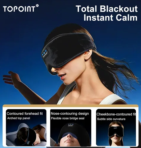 Vista 2 de TOPOINT - Antifaz para dormir con auriculares Bluetooth 5.4 inalámbricos, auriculares para dormir con micrófono, altavoces HD, música, antifaz