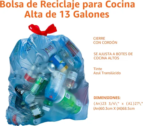 Vista 3 de Bolsas de basura Yaxa Basics azules para reciclaje, sin olor, 13 galones, 60 unidades, paquete de 1