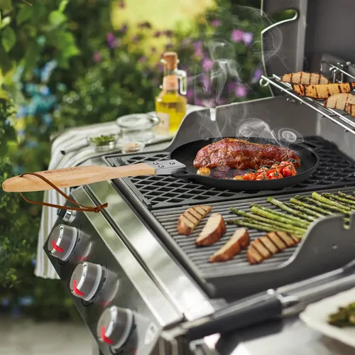 Vista 6 de Mimiuo Sartén de hierro fundido de 12 pulgadas con mango de madera extraíble, sartén redonda antiadherente para fajita para horno de pizza