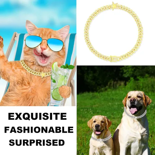 Vista 2 de Collar cubano para perro, collar de cadena de metal con diseño de hebilla segura, cadena dorada para mascotas, collar cubano de cristal para perros