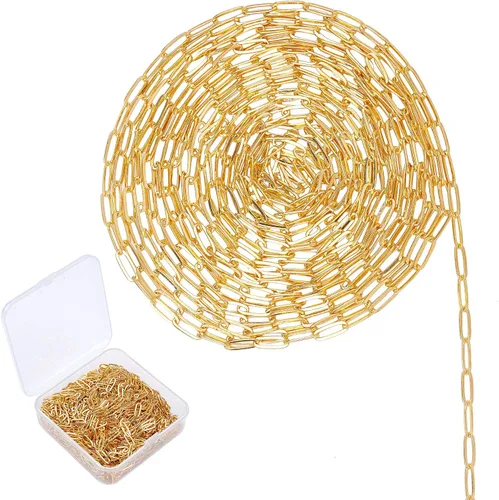 SUNNYCLUE Cadena de clip de oro de 32 pies, carrete de eslabones, collar pequeño a granel, longitud de 0.299 in de ancho, 0.102 in para mujer,