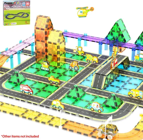 PicassoTiles Azulejos Magnéticos de Construcción Pista de Autos Vehículo Magnético Tema de Aventura Calle Impresa Carretera Pista Autopista Bloque