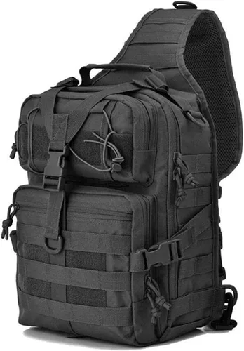 Bolso bandolera táctico para hombre, mochila pequeña con bandolera militar, bolsa de hombro Molle Assault Range Bag Camping Caza, Negro -,