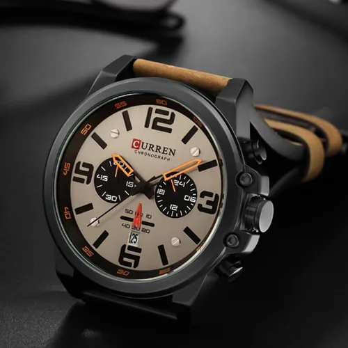 Vista 4 de Reloj de acero inoxidable con correa de cuero, estilo clásico, casual, resistente al agua, cronógrafo, fecha, y cuarzo analógico