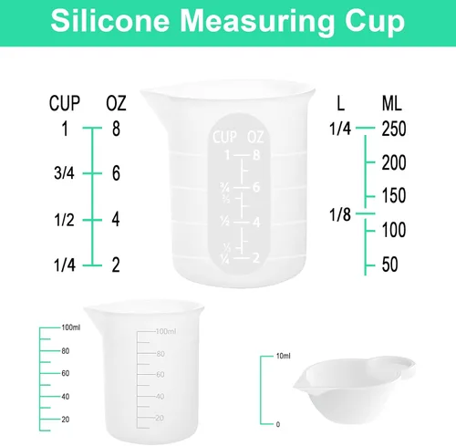 Vista 2 de Kit de 7 tazas medidoras de silicona, 1 vaso de silicona de 8.5 fl oz, 4 tazas antiadherentes de 3.4 fl oz, 2 dispensadores de moldes de silicona