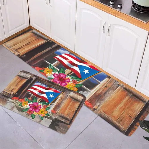 Vista 3 de Chucoco Alfombras y tapetes de cocina con diseño de flor de hibisco con bandera de Puerto Rico, 2 piezas, tapete de madera para casa, cómodo