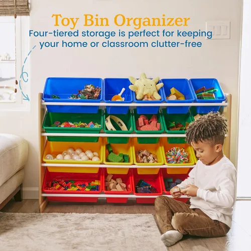 Vista 4 de ECR4Kids Organizador de 4 niveles con 20 compartimentos, para almacenamiento de juguetes, natural/primario