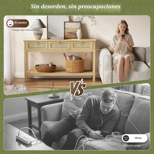 Vista 5 de SUPERJARE Mesa de sofá de ratán con tomas de corriente y puerto USB-C, mesa de entrada de 3 cajones con superficie de ratán sintético, estante