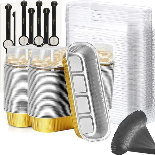 Vista 9 de Findful Mini Moldes para Hornear Pan con Tapas y Cucharas (Paquete de 50, 6.8oz) Moldes Rectangulares de Papel de Aluminio para Hornear Recipientes