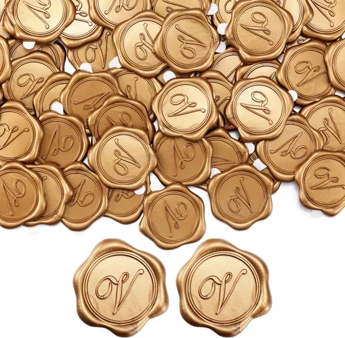 Vista 37 de Yoption Calcomanías para sello de cera con inicial H, paquete de 100 calcomanías autoadhesivas de oro antiguo para bodas, fiestas, cumpleaños