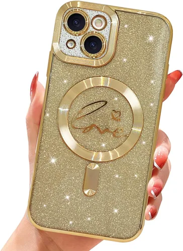 Vista 35 de Funda magnética transparente con purpurina para iPhone 14, compatible con Magsafe, diseño de corazón de amor, chapado de lujo, protector completo