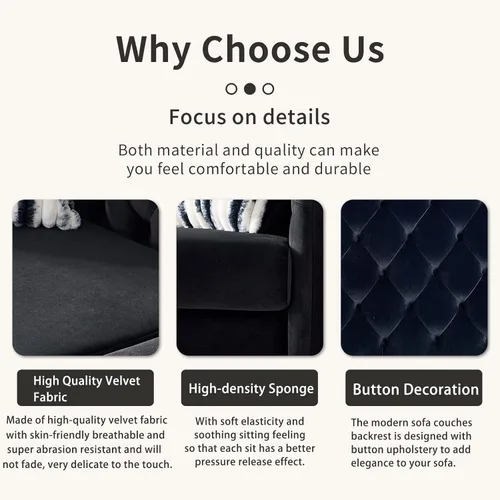 Vista 4 de Sofá moderno para sala de estar, sofá tapizado de terciopelo de 84 pulgadas con botones y 2 almohadas y patas de metal, muebles decorativos