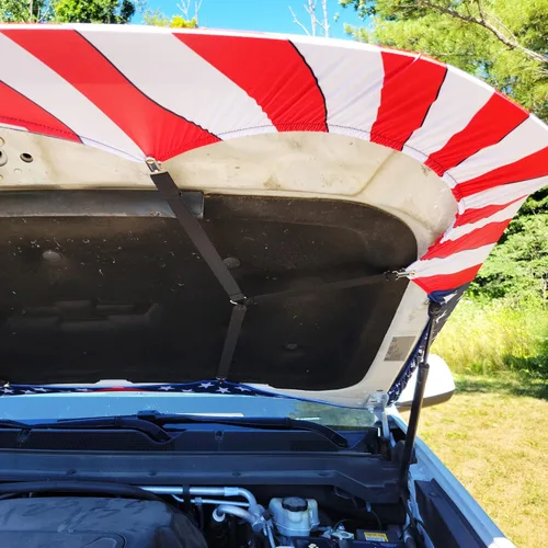 Vista 4 de [Banderas de capucha] Juego de 2 cierres elásticos triangulares resistentes para capó – Clips de metal con cuerda elástica para capó de coche