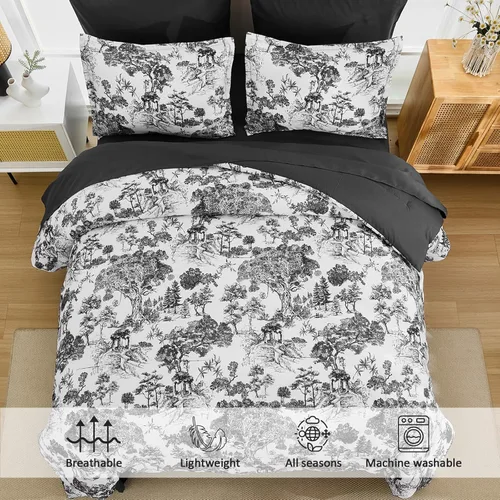 Vista 3 de DJY Juego de edredón de cama Queen en negro, 7 piezas de edredón negro y blanco tamaño Queen con elegante impresión de plantas botánicas