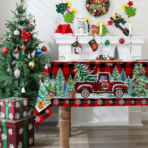 Vista 7 de Mantel cuadrado de Navidad 52x52 pulgadas - Rojo camión de Navidad, decoración de fiesta para el hogar - Mantel rectangular de Navidad a cuadros