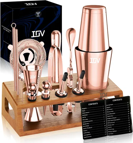 Vista 9 de IOV Mixology Bartender Kit de bar con soporte, juego de coctelera de 17 piezas, juego de mezclador de bebidas Boston Shaker de 28 onzas con todas