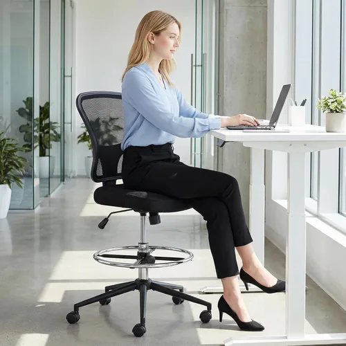 Vista 7 de Silla de dibujo sin brazos, silla de oficina alta, altura ajustable, respaldo alto, silla de escritorio ergonómica, taburete de dibujo, taburetes