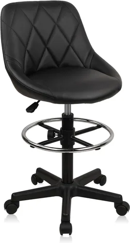 Silla de Dibujo con Respaldo, Taburete Giratorio Rodante de Cuero con Altura Ajustable y Reposapiés, Sillas de Oficina Ergonómicas Altas para