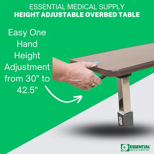 Vista 7 de Essential Medical Supply Mesa automática de altura ajustable para colocar sobre la cama, parte superior de madera con ruedas de bloqueo, perfecta