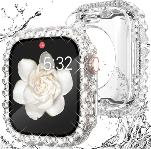 Vista 21 de Wingle 2 en 1 Funda impermeable para Apple Watch 40mm Protector de pantalla SE 3/2/1 Series 6 5 4, Bling Lace Edge Diamond Cara Cubierta Completa