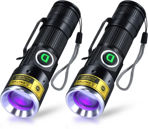 Vista 11 de DARKDAWN Linternas de luz UV de 395 nm USB recargable ultravioleta LED luz negra mini lámpara de madera portátil para detección de orina de gatos