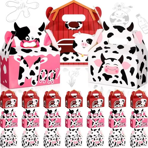 Nezyo Paquete de 24 cajas de regalo de fiesta de vacas para golosinas de dulces, golosinas de animales, cajas de impresión de animales para