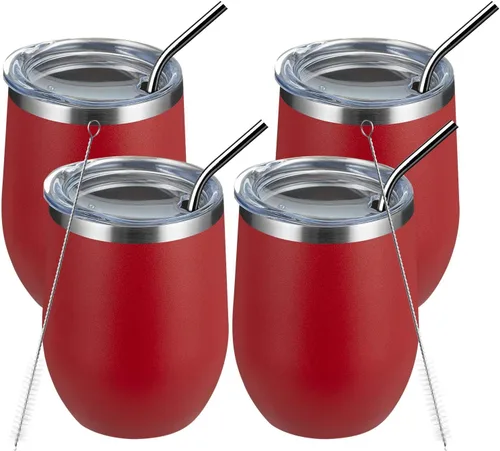 Vista 9 de MEWAY Vaso de vino sin tallo de 12 onzas con tapa, vaso de viaje de acero inoxidable con aislamiento de doble pared al vacío con popote, para Negro
