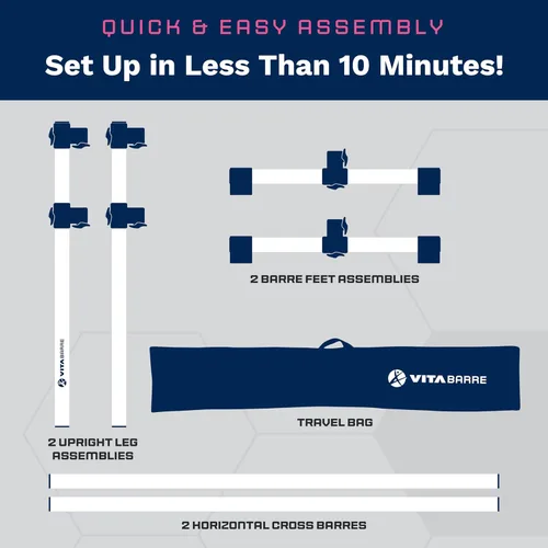 Vista 5 de VITA Barre - Barra de ballet doble portátil independiente, Prodigy, barras de 4 pies, plata satinada, con bolsa, altura ajustable, fabricada