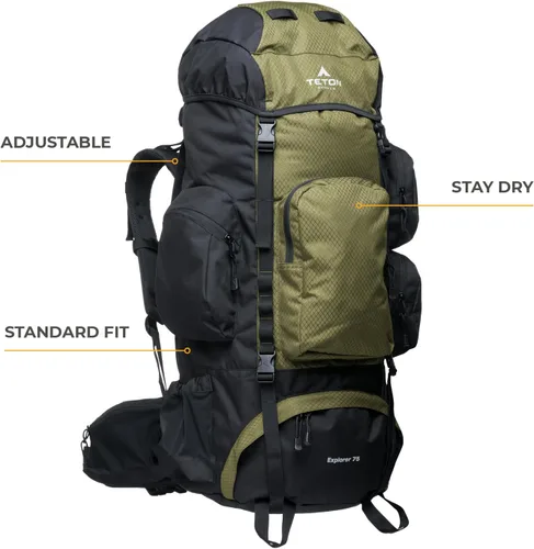 Vista 2 de Teton Explorer 75L Mochila con marco interno para senderismo, camping, mochileros, cubierta de lluvia incluida