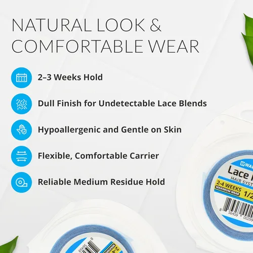 Vista 2 de Walker Tape Rollo de cinta de soporte frontal de encaje azul de 1/2 pulgada x 3 yardas, cinta de peluca de doble cara para pelucas de encaje, tupés