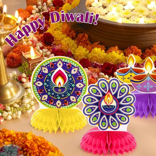 Vista 5 de 9 piezas Diwali decoración de fiesta Diwali Honeycomb Centros de mesa Deepavali Vela Deepavali Lámpara de aceite Centro de mesa Toppers Surtido
