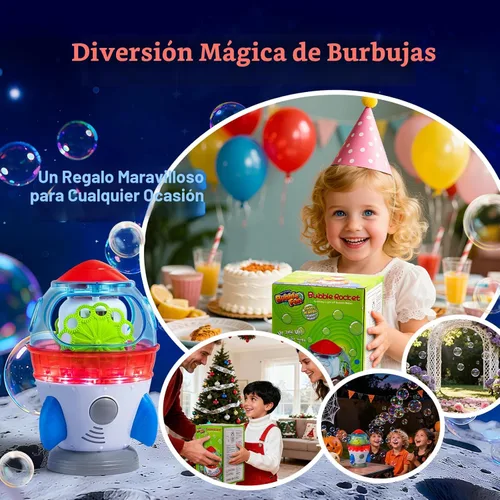 Vista 7 de Máquina de burbujas en forma de cohete para niños y mascotas, salidas de burbujas duales potentes, rotación automática de 360°, luces LED ajustables