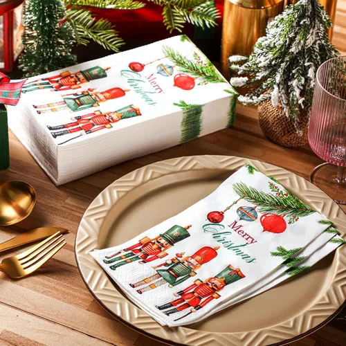 Vista 2 de Sinmoe 200 servilletas de papel de 2 capas desechables de cascanueces de Navidad para baño, servilleta de papel de Feliz Navidad, decoración de mesa