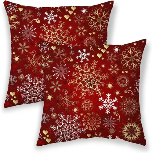 Vista 20 de Fundas de almohada de Navidad de 16 x 16 pulgadas, almohadas decorativas de Navidad con copos de nieve dorados, blancos y rojos para sofá, fundas