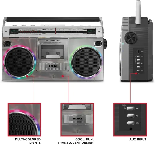 Vista 4 de ION Audio Retro Glow Boombox - Casete de radio AM/FM estéreo de lujo con graves de rango completo (renovado)