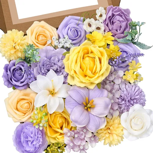 Vista 8 de Serwalin Flores artificiales, rosas polvorientas, flores de seda falsas para bricolaje, ramos de novia, rosas falsas rosas, combinados, centros