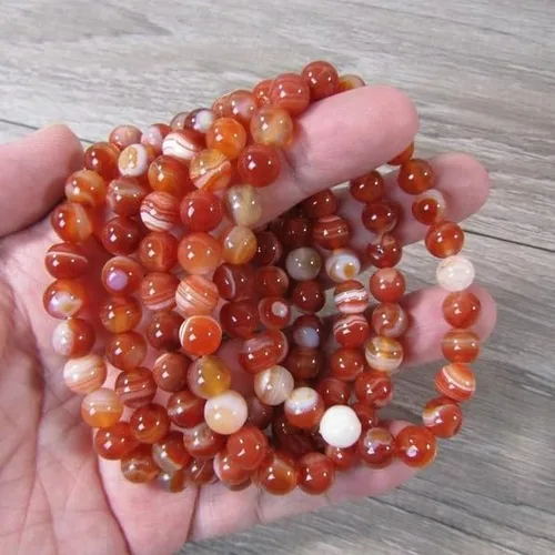 Vista 5 de SofiaCreations Handmade Red Banded Agate Crystal Beaded Bracelet, Natural Carnelian Gemstone Crystal 8mm Round Beads Stretchy Bracelet, Healing