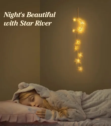 Vista 6 de Lewondr Luz Colgante, Luces de Hadas de Luna y Estrella de Ratán, Luces Decorativas de Interior, Luz de Ventana, Luces de Estrella de Fácil