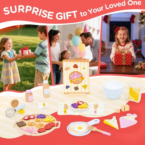 Vista 7 de Juego de juguetes de panqueques de madera para niños, cocina de bricolaje, juego de comida, juguetes educativos de aprendizaje para niños de 3, 4