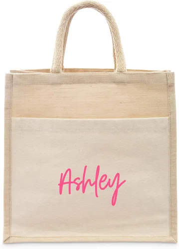 Vista 13 de WEDDINGSTAR Bolso de asas tejido medio personalizado de yute con bolsillo