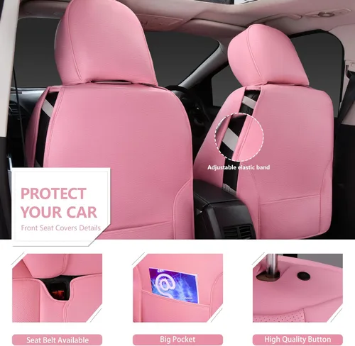 Vista 5 de CAR PASS Juego completo de fundas de asiento de automóvil de piel sintética rosa napa lindas para mujer, impermeables, acolchadas, ajuste universal