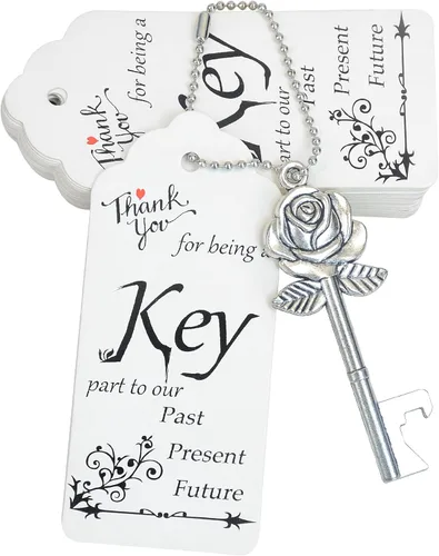 Vista 9 de Aokbean 100 unidades de abrebotellas con llave de rosa para regalos de invitados de boda a granel, abridor de llaves de esqueleto vintage con Cobre