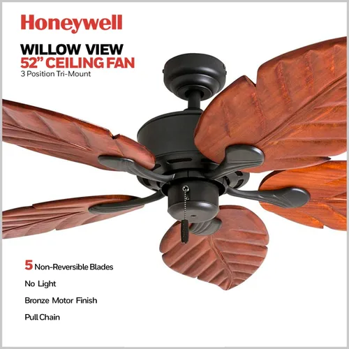Vista 2 de Honeywell Ceiling Fans Willow View, ventilador de techo tropical de 52 pulgadas para interiores sin luz, cadena de tracción, tres opciones