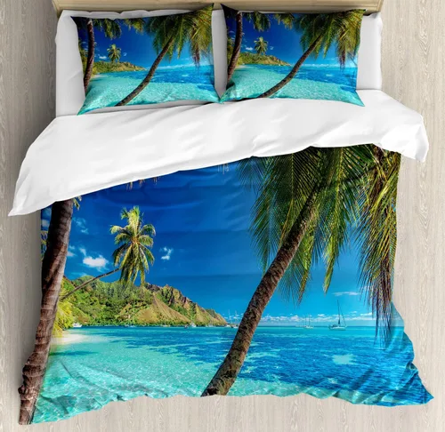 Vista 67 de Ambesonne Hawaii - Juego de funda de edredón de verano, palmeras y hojas exóticas de helecho, fondo colorido abstracto, juego de ropa de cama